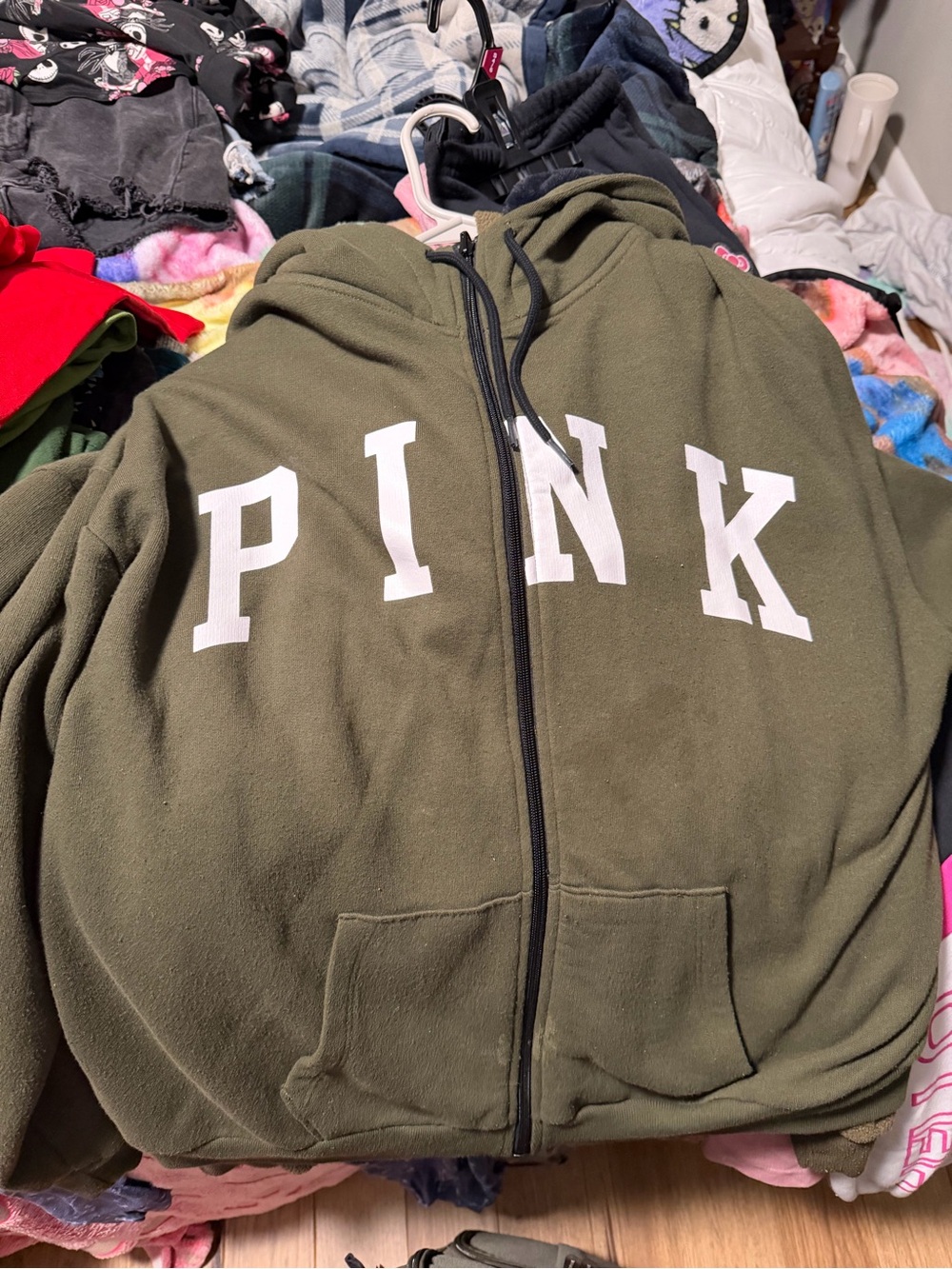 PINK Victoria's Secret Olive Green Zip Front Hoodie with White Logo